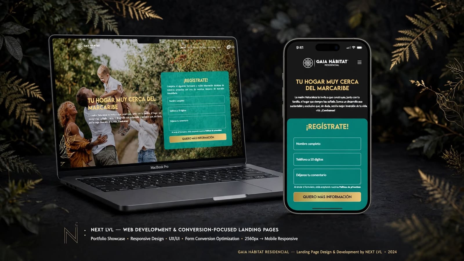Landing page de Gaia Hábitat en laptop y celular